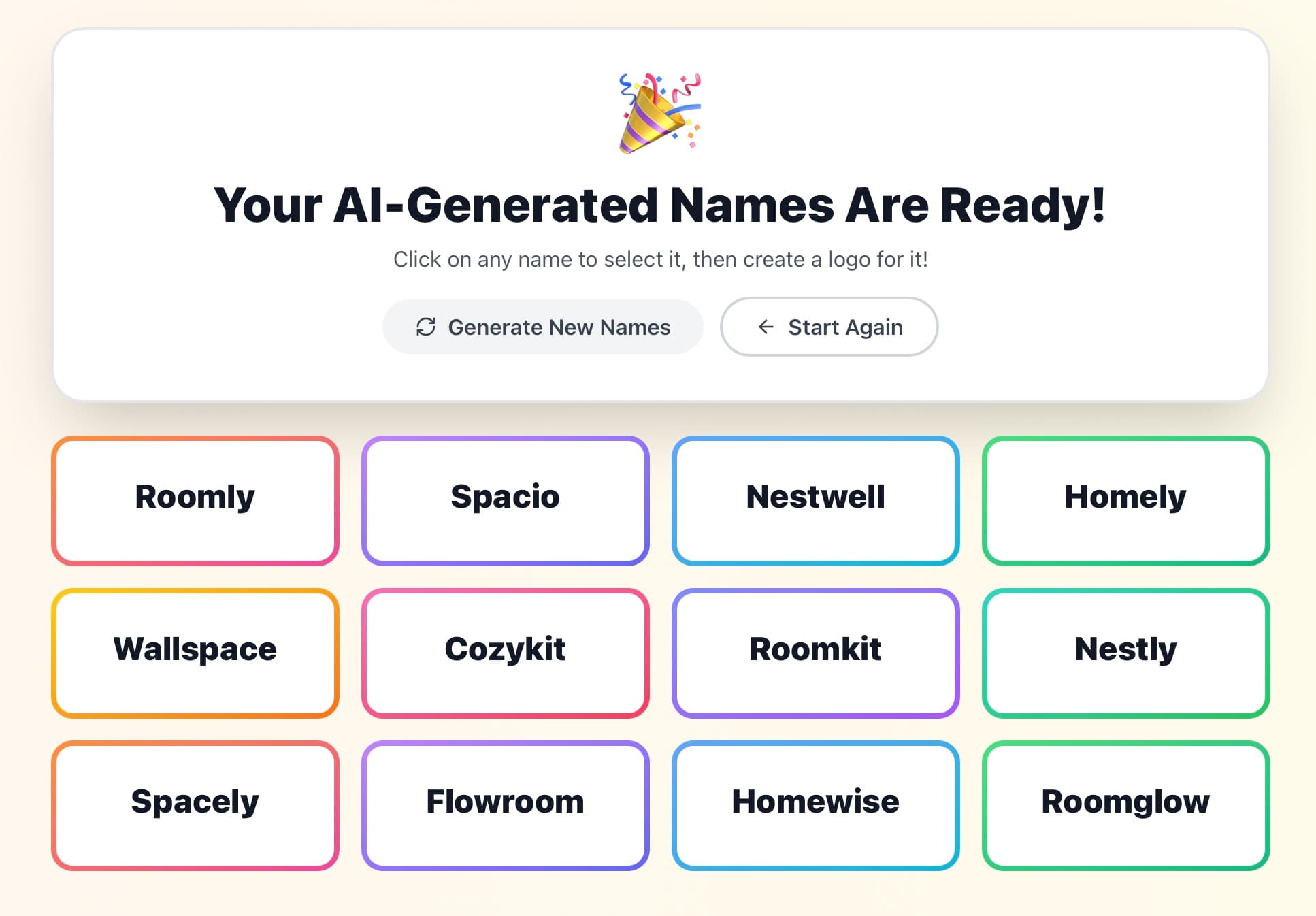 Examples of successful product names generated by AI including modern tech brands