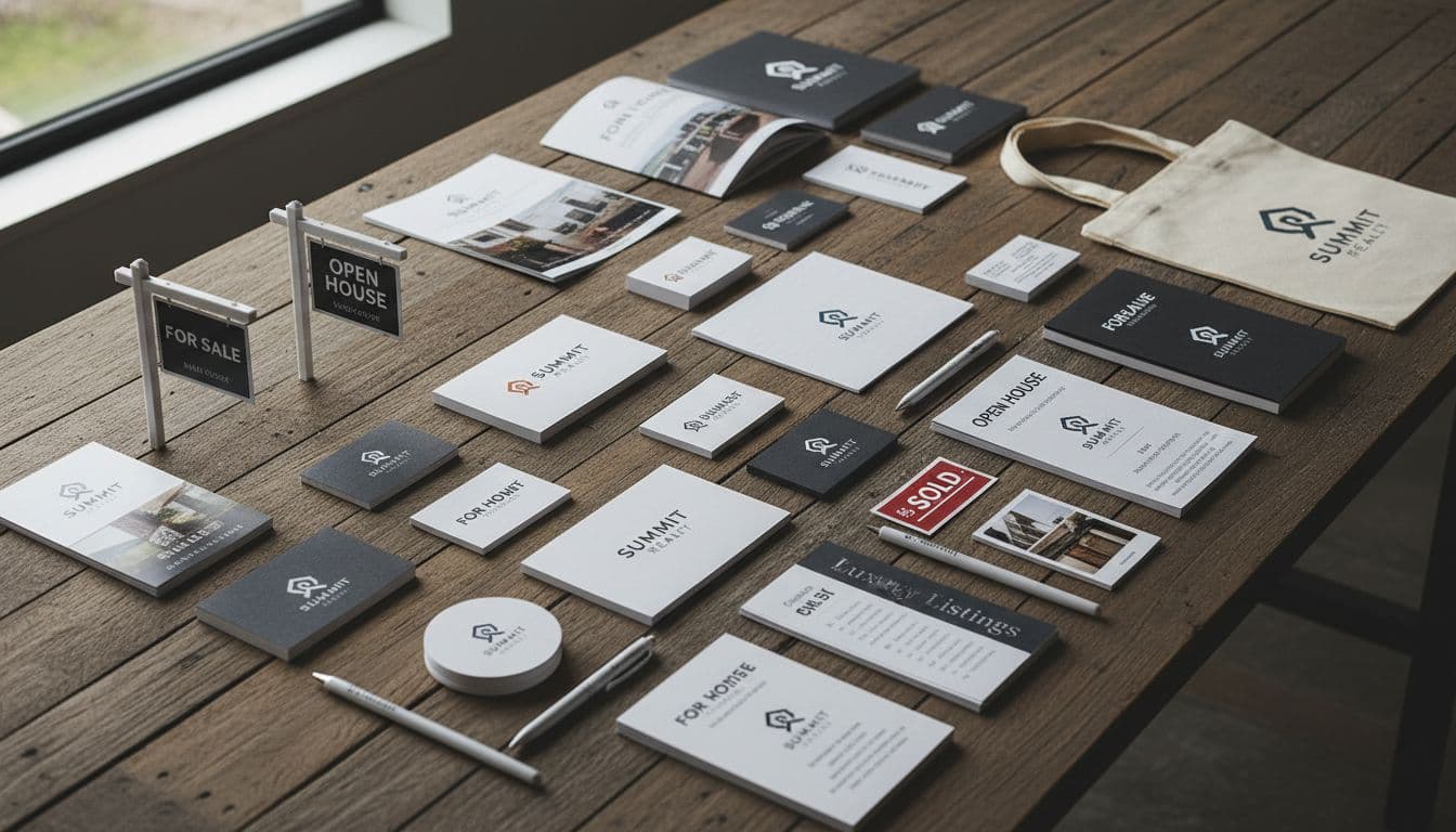 Grid of 20+ famous real estate logos including Keller Williams, Coldwell Banker, RE/MAX, Century 21 with design annotations and analysis